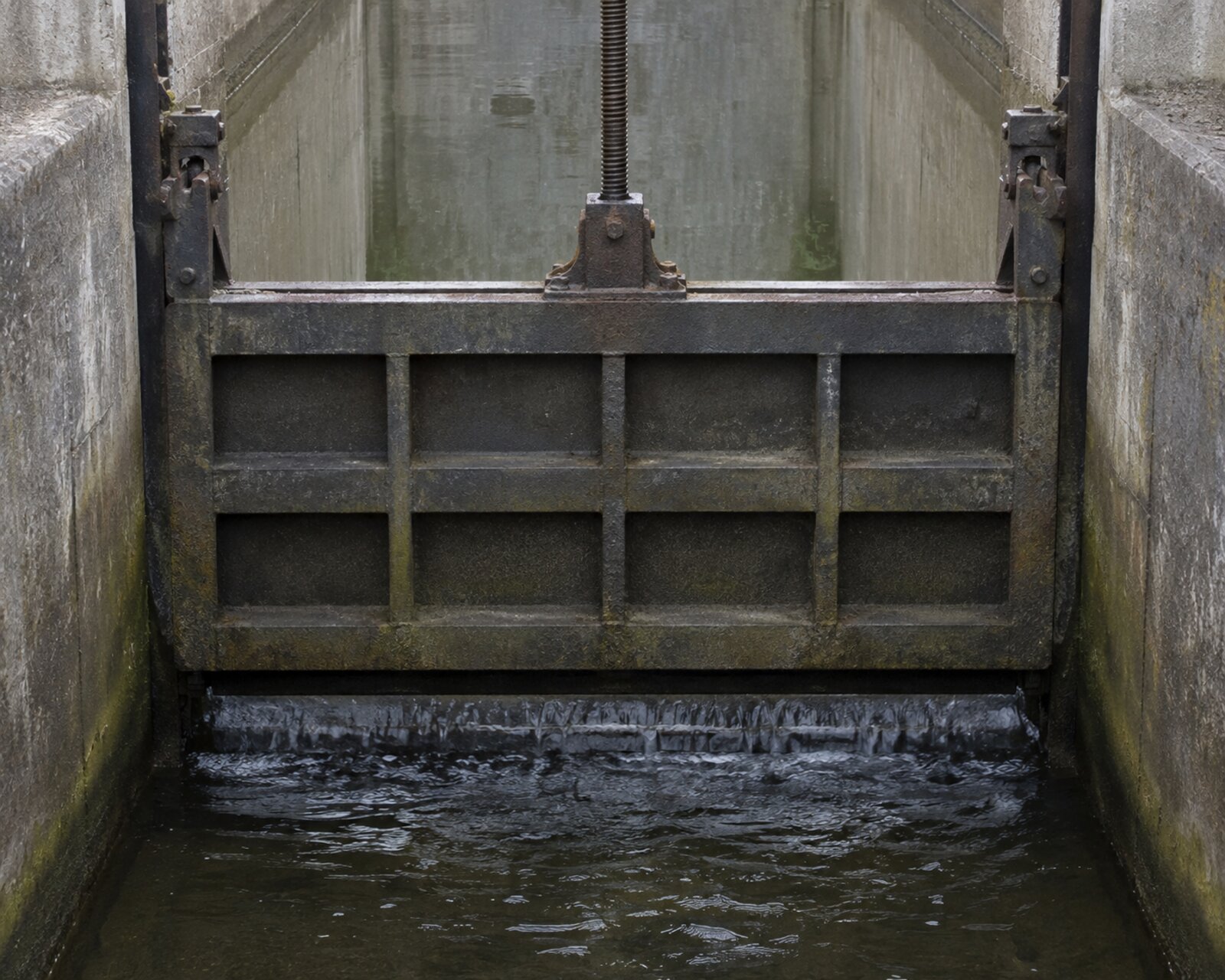 A sluice gate part-lowered in a concrete channel, water held back behind it